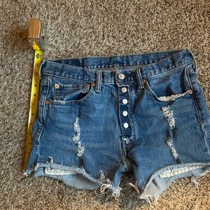Levi's Blue Distressed Jean Shorts with Frayed Hem